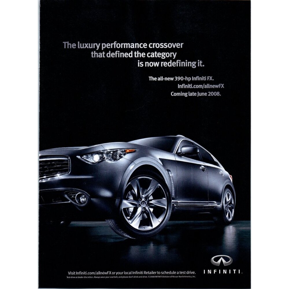 2008 Infiniti FX SUV Crossover Vintage Print Ad Headlights Wheel Wall Art